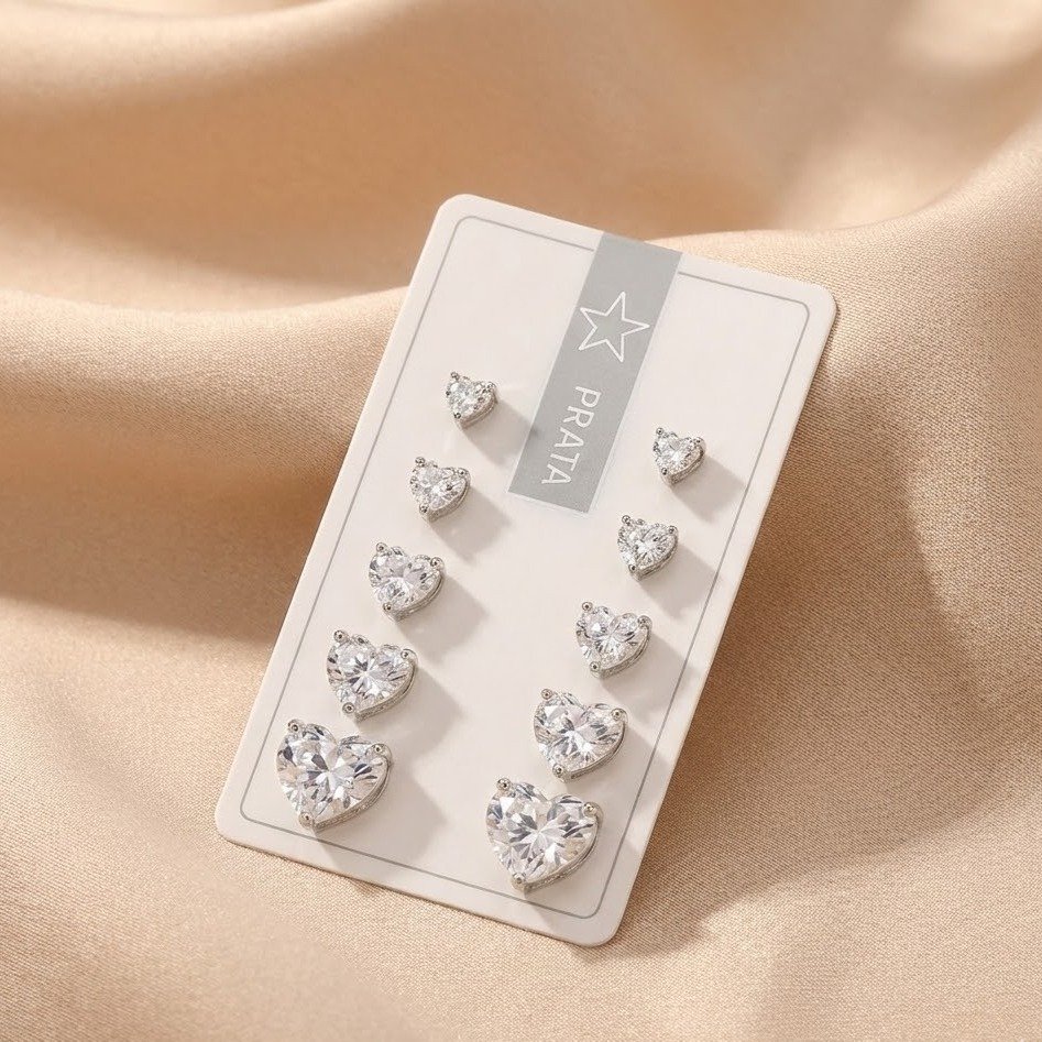 Kit 5 pares de Brincos Coração Zirconia Quíntuplo Prata 925