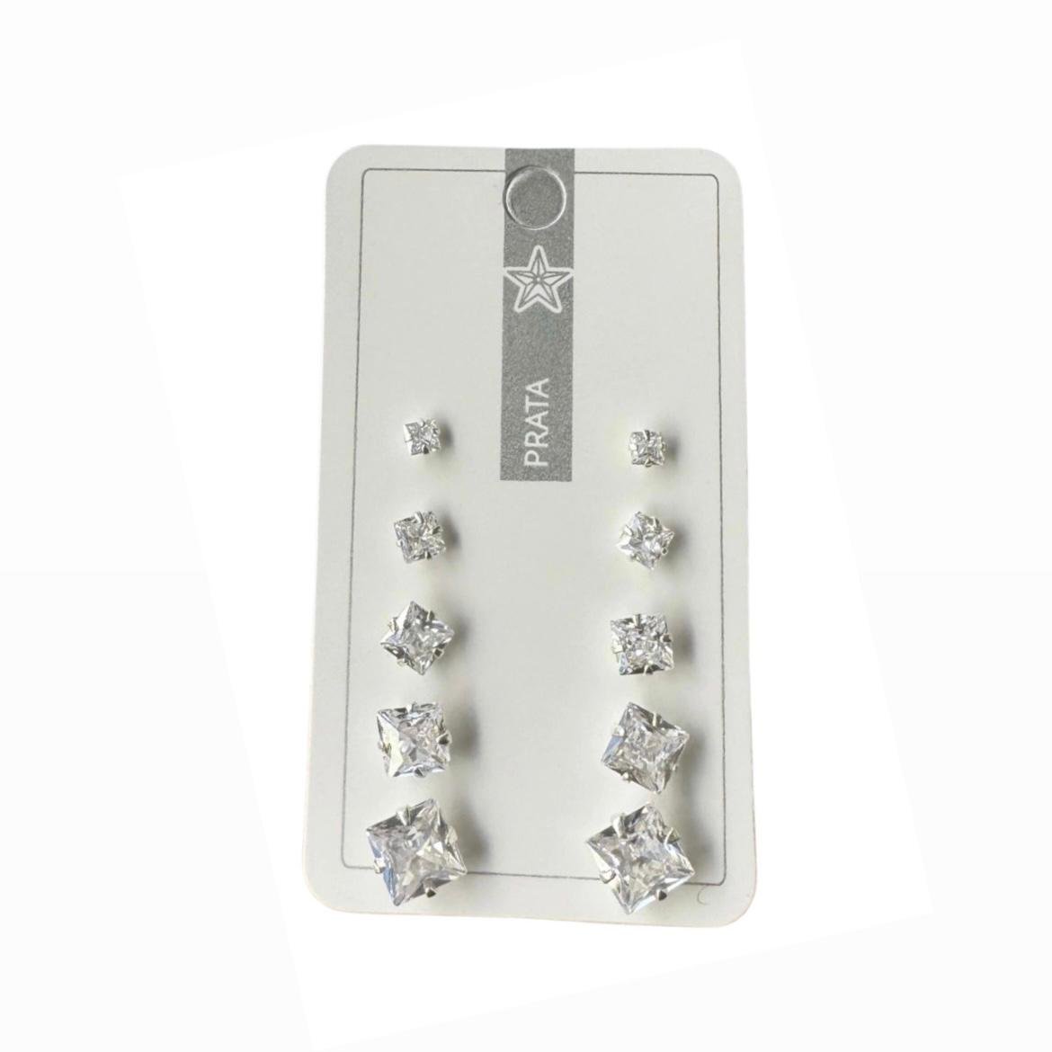 Kit 5 pares de Brincos Quadrado Quíntuplo Prata 925