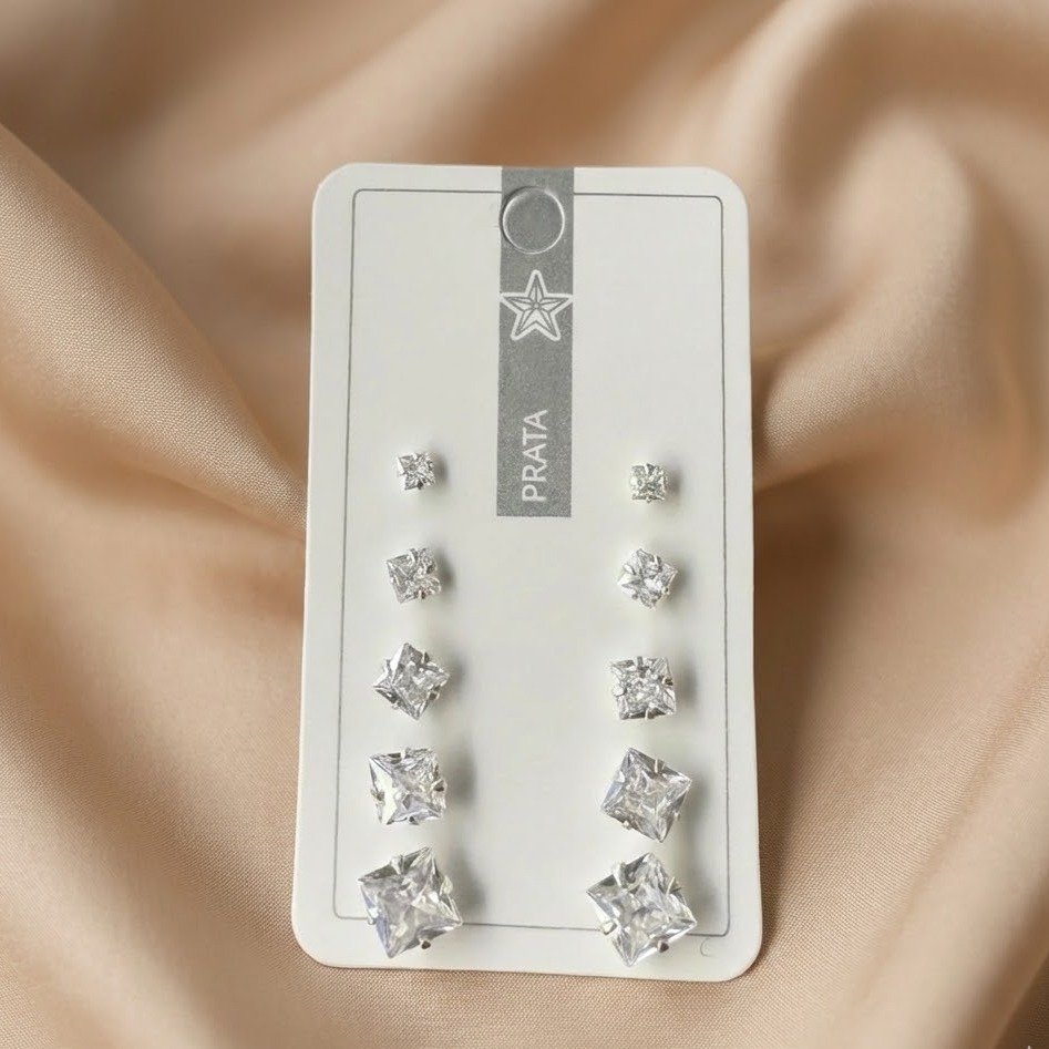 Kit 5 pares de Brincos Quadrado Quíntuplo Prata 925