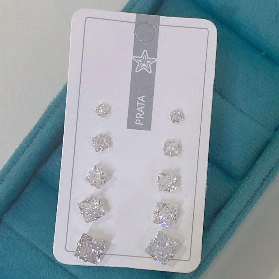 Kit 5 pares de Brincos Quadrado Quíntuplo Prata 925