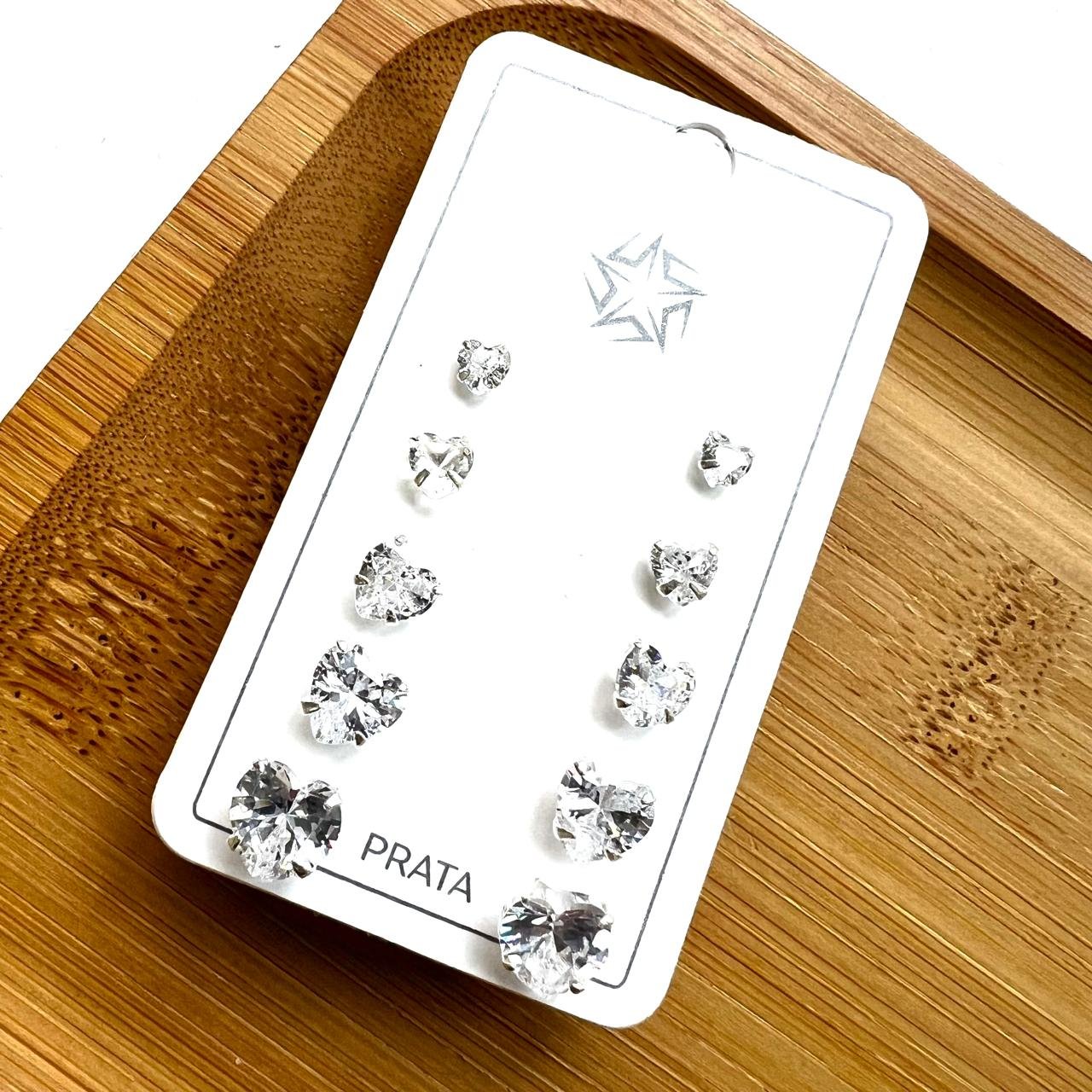 Kit 5 pares de Brincos Coração Zirconia Quíntuplo Prata 925